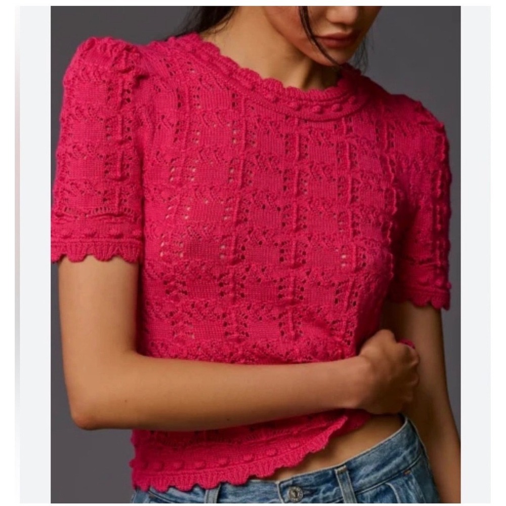 Anthropologie Pink Bobble Knit Puff Sleeve Sweater - Size XS